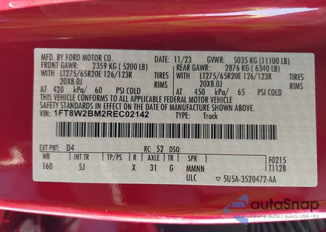 2024 Ford F-250 Lariat from USA, damaged, VIN 1FT8W2BM2REC02142